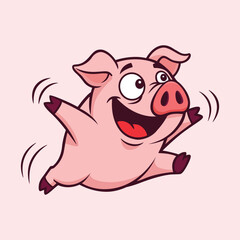 Fototapeta premium Cartoon Style Cheerful Leaping Pig Farm Animal Character Illustration