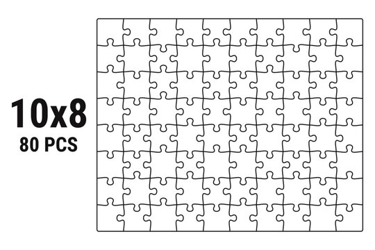Empty jigsaw puzzle grid template, 80 pieces 10x8. puzzle elements. vector illustration on isolated