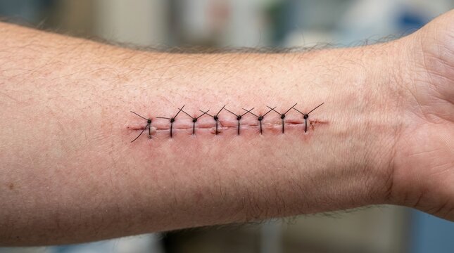 Close-up of a surgical wound on a human arm being closed with sutures