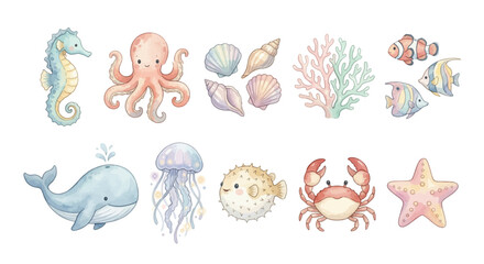Watercolor Ocean Animal Clipart Set — 11 Cute Sea Creature & Marine Life Illustration © chloe