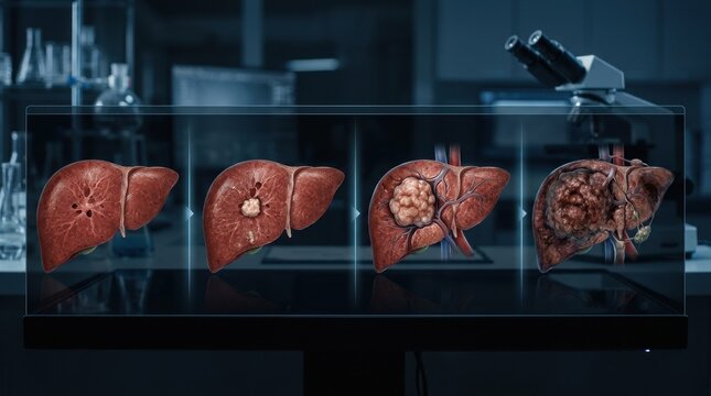 Progression of liver disease from healthy to cancerous stages shown in a laboratory setting