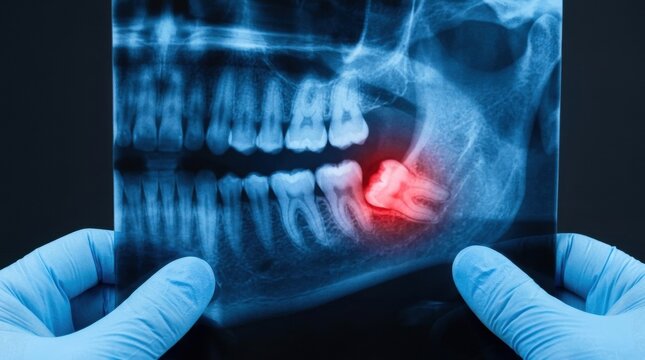 Dentist holding dental x-ray showing impacted wisdom tooth with red pain indicator