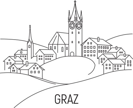 Graz city line draw simple minimalist. Simple line drawing shows Graz's historic center. Central clock tower stands tall above rooftops. Hills curve gently around clustered buildings.