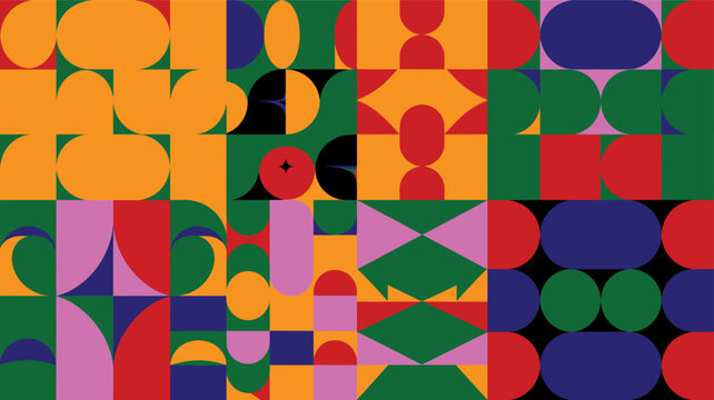 Geometric abstract pattern with colorful shapes, circles, squares, and rectangles