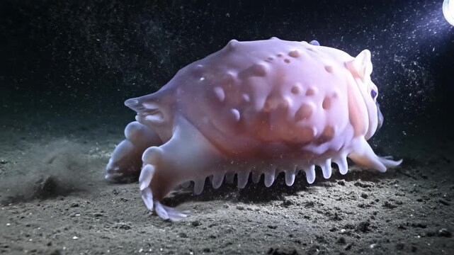 Deep Sea Blobfish Walks on Ocean Floor Illuminated by Light.