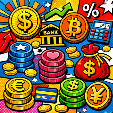Pop art finance background with gold coins, bitcoin, money bag, and bank building in comic book style.