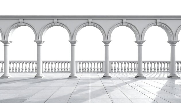 A rendered view of a white, classic colonnade. Arches span pillars with a decorative balustrade. Light and shadow create depth