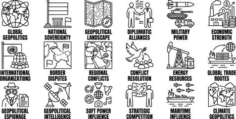 Geopolitics science and global political strategy line art icon set © Syahronanda Studio