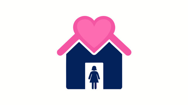 Stylized home icon with heart roof and woman symbol.