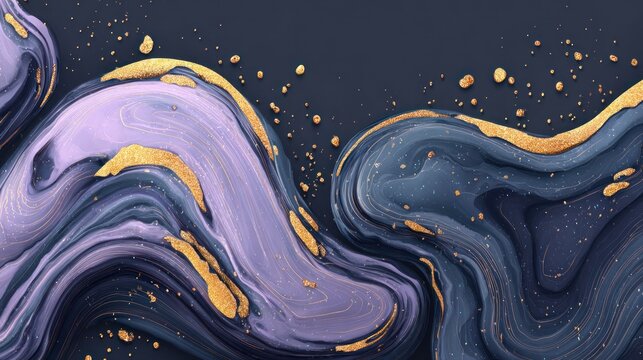 Fluid abstract waves feature rich purple and deep blue textures accented with shimmering gold embellishments against a dark backdrop
