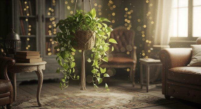 Artistic vintage interior showcasing a vibrant hanging plant bathed in a soft, cinematic glow from ambient string lights, creating a peaceful and elegant atmosphere for relaxation