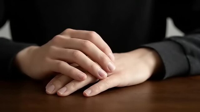 Person sitting with hands on table.