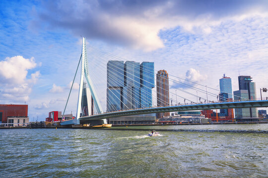 Famous Travel Destinations. Attractive View of Renowned Erasmusbrug (Swan Bridge) in Rotterdam.