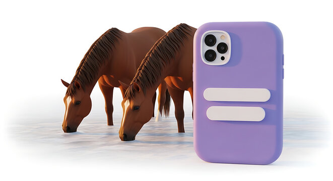 Two brown horses grazing in a field next to a purple phone case with camera lens, digital art.