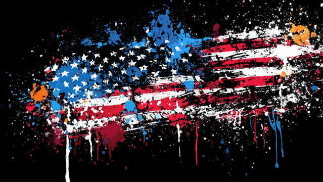 Graffiti artist creates a vibrant American flag splatter on urban street USA