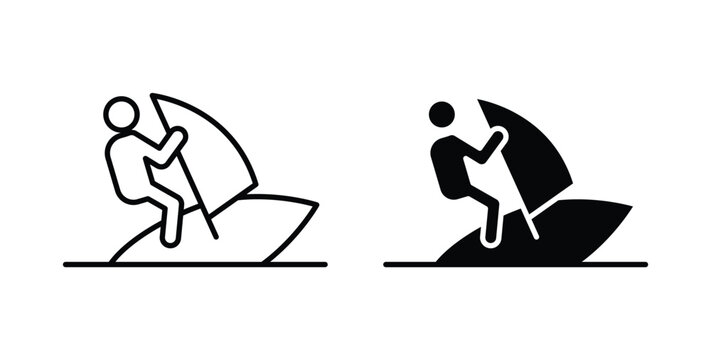 Windsurf icon in black and white color. Solid and linear icons