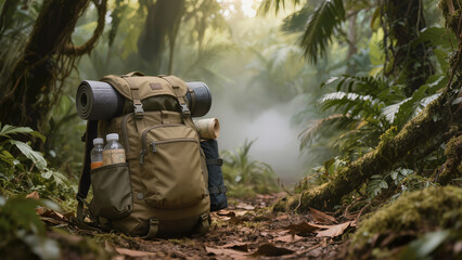 Fototapeta premium Hiking scene: camping equipment lies on the ground on a forest path in a misty tropical nature.