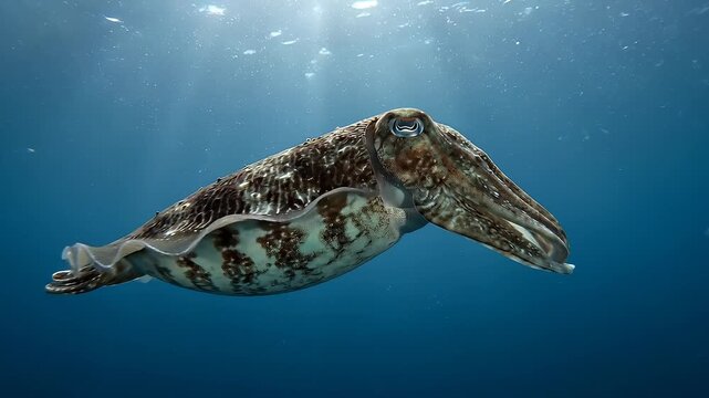 Cuttlefish Swimming Gracefully in Clear Blue Ocean Water With Sun Rays Shining Through