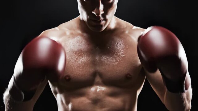 Muscular Boxer in Red Gloves Ready to Fight.