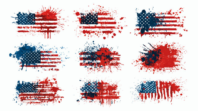 American flag icons set with patriotic USA flags in flat design