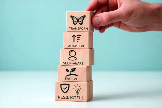 Human hand places a wooden block with a butterfly illustration on top of a stack containing symbols for adaptive self-aware evolution and resilient transformation concepts.