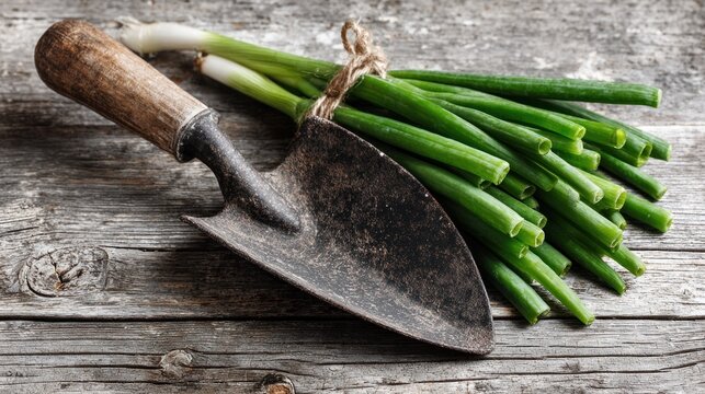 Freshly harvested green onions are bundled with twine beside a rustic trowel on weathered wooden planks.