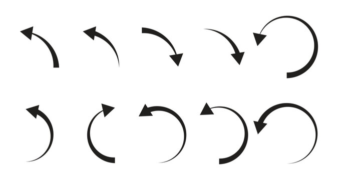 Curved arrow icon set with circular rotation direction arrows