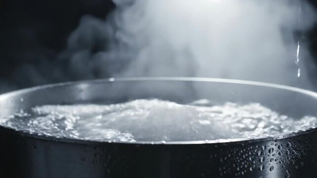 Boiling water with steam in a metal pot