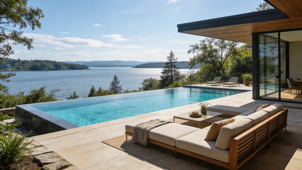 Fototapeta premium Modern lakeside home with infinity pool and outdoor lounge area overlooking scenic water view