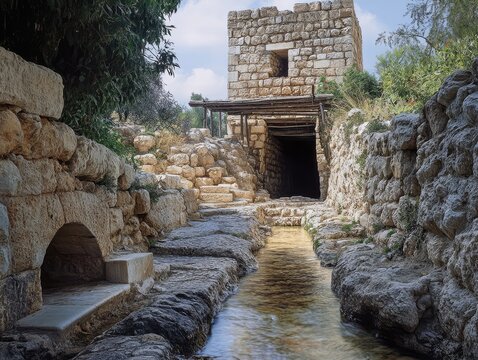 Biblical Jerusalem spring access fortified stone passage