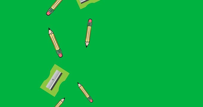 Digital animation of multiple sharpener, eraser and pencil icons against black background