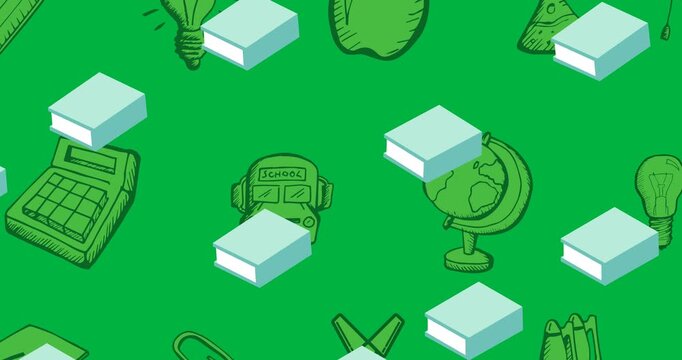 Digital animation of multiple books icons against school concept icons on black background