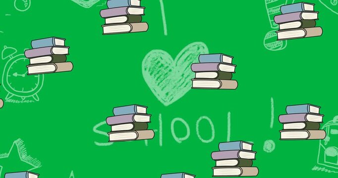 Digital animation of multiple stack of books icons against school concept icons on black background