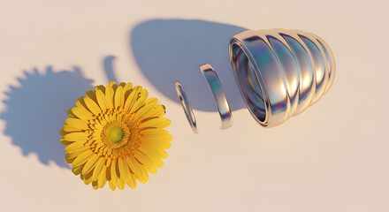 Fototapeta premium A sliced chrome-like metallic object and a yellow gerbera daisy flower casting shadows on a light surface, abstract juxtaposition, metallic sheen, delicate petals, soft light