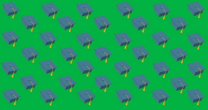 Digital animation of multiple graduation cap icons floating against black background
