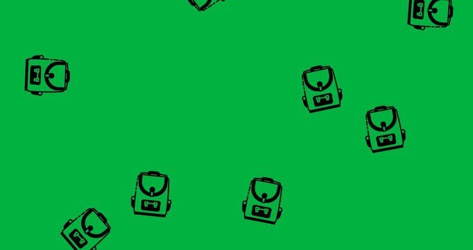 Digital animation of multiple school bag icons falling against white background