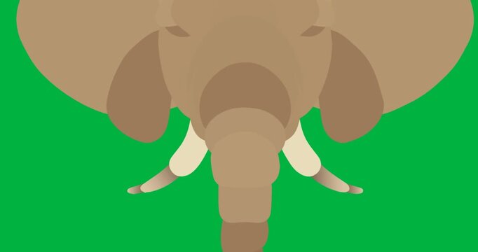 Digital animation of elephant face icon falling against black background