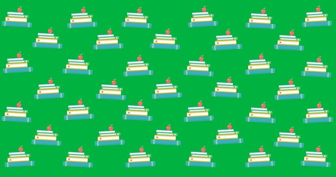 Digital animation of multiple apple over stack of books icons floating against black background