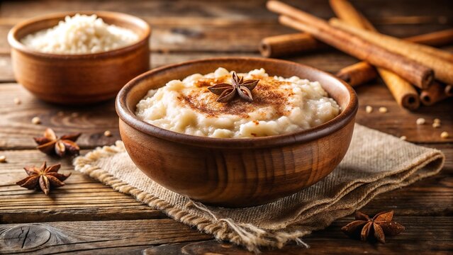 Creamy rice pudding arroz doce in rustic wooden bowl on dark wooden table. Sweet rice pudding dessert with cinnamon stick and star anise spice, raw rice grains visible in background.