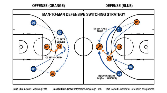 Basketball Defensive Strategy: A detailed graphic illustrates the intricacies of a man-to-man defensive switching strategy on a basketball court.