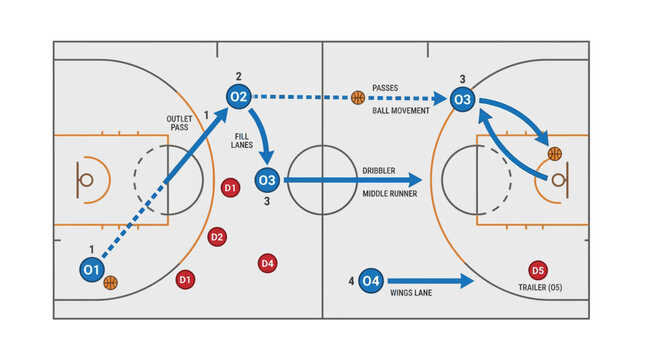 Basketball Play Diagram: An overhead diagram of a basketball court illustrates a strategic play. Dotted and solid lines denote player movement and ball trajectory.