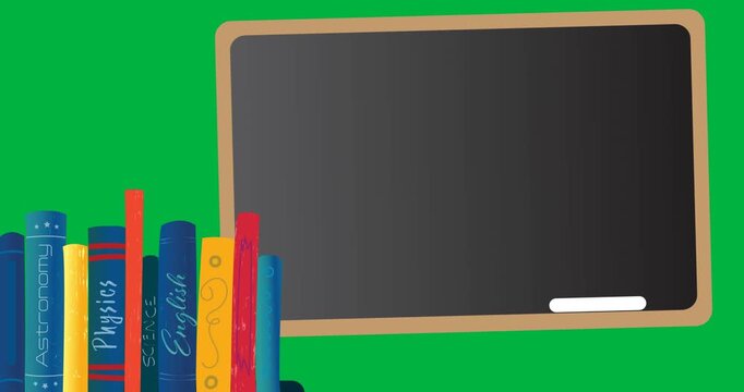 Digital animation of wooden slate, chalk and multiple books icons against black background