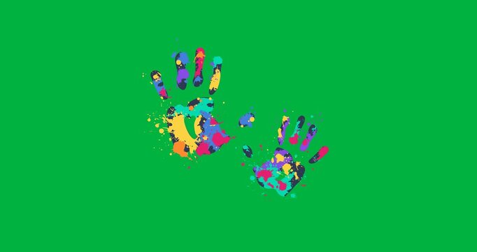 Digital animation of painted hands print against black background