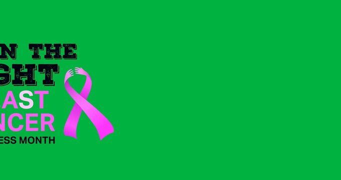Digital animation of breast cancer text banner with purple ribbon icon against black background