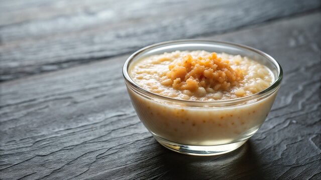 Creamy arroz doce served in glass bowl on rustic dark wooden table. Sweet creamy arroz doce topped with brown sugar provides comforting dessert. Authentic arroz doce concept for culinary blogs.
