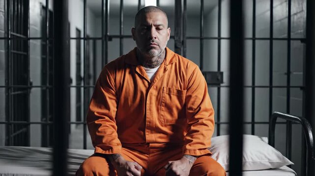 Man in Orange Jumpsuit Sitting in Prison Cell.