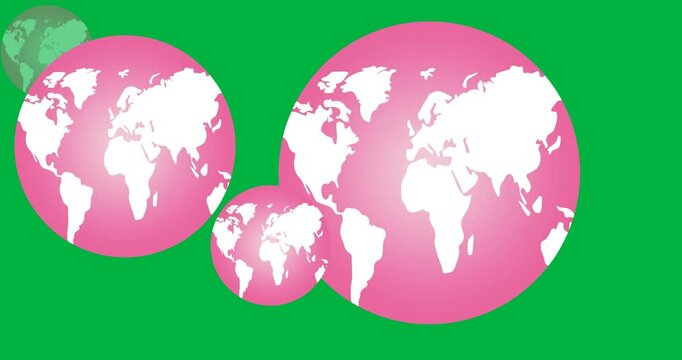 Digital animation of multiple globe icons against black background