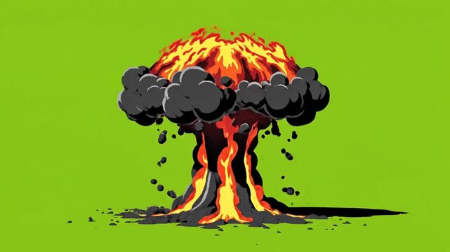 Cartoon-style nuclear mushroom cloud explosion isolated on green screen for visual effects or animation compositing
