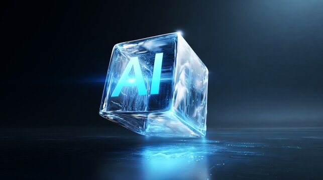 A glowing blue cube with the letters AI on it sits on a dark surface