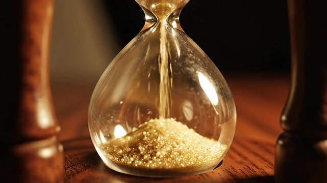 Hourglass with gold sand on a wooden table